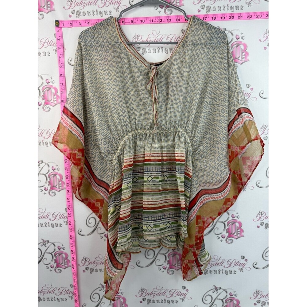 Passport blouse flowy Beige Boho Tunic with Red, Green and Gold Stripes